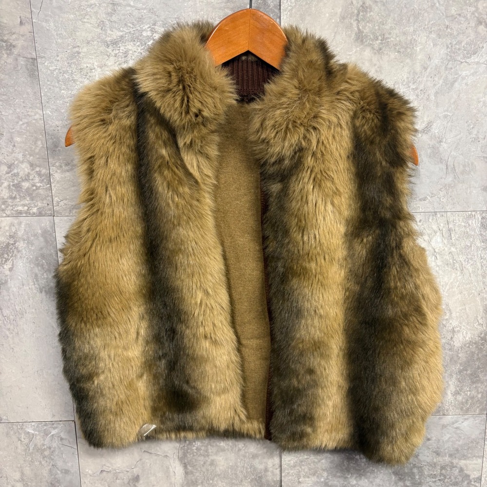 Velvet by Graham & Spencer Faux Fur Vest Brown Tan Striped Medium Open Front